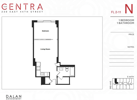 Floor plan for 1 bed, 1 bath, 437 sqft